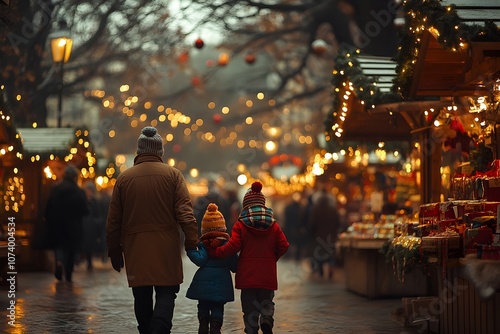 Father walking with kids through Christmas market decorated with festive lights and holiday stalls. Dad and children having family fun during winter holidays