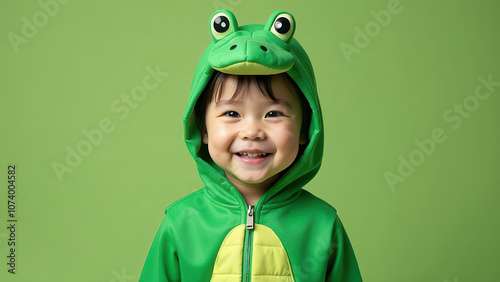 Cute child in green frog costume smiling in front of matching background photo