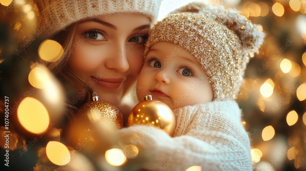 A joyful moment of a mother and her baby playing with decorations, celebrating their first Christmas together. A joyful moment of a mother and her baby playing with decorations, celebrating their first Christmas together.