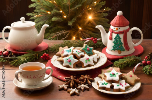Cozy Christmas Tea with Gingerbread Cookies, Spices, and Holiday Decorations.