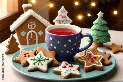 Cozy Christmas Tea with Gingerbread Cookies, Spices, and Holiday Decorations.