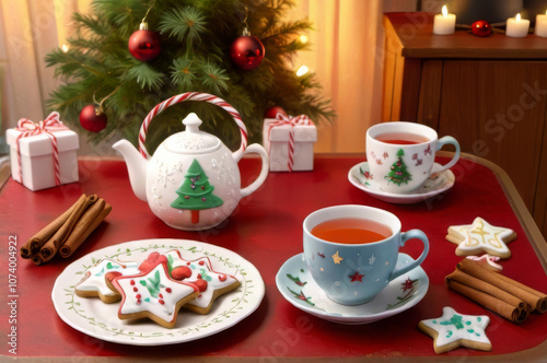 Cozy Christmas Tea with Gingerbread Cookies, Spices, and Holiday Decorations.