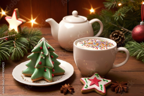 Cozy Christmas Tea with Gingerbread Cookies, Spices, and Holiday Decorations.