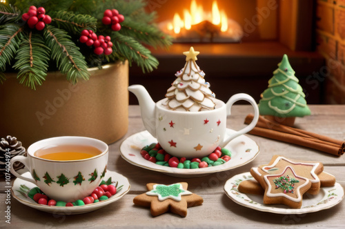 Cozy Christmas Tea with Gingerbread Cookies, Spices, and Holiday Decorations.