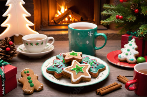 Cozy Christmas Tea with Gingerbread Cookies, Spices, and Holiday Decorations.