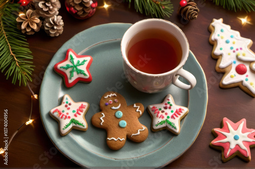 Cozy Christmas Tea with Gingerbread Cookies, Spices, and Holiday Decorations.