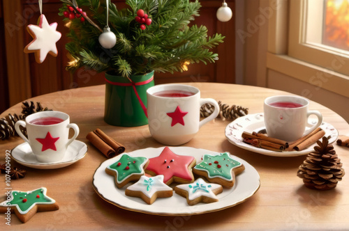 Cozy Christmas Tea with Gingerbread Cookies, Spices, and Holiday Decorations.