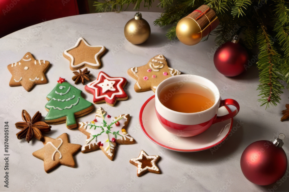 Cozy Christmas Tea with Gingerbread Cookies, Spices, and Holiday Decorations. Cozy Christmas Tea with Gingerbread Cookies, Spices, and Holiday Decorations.