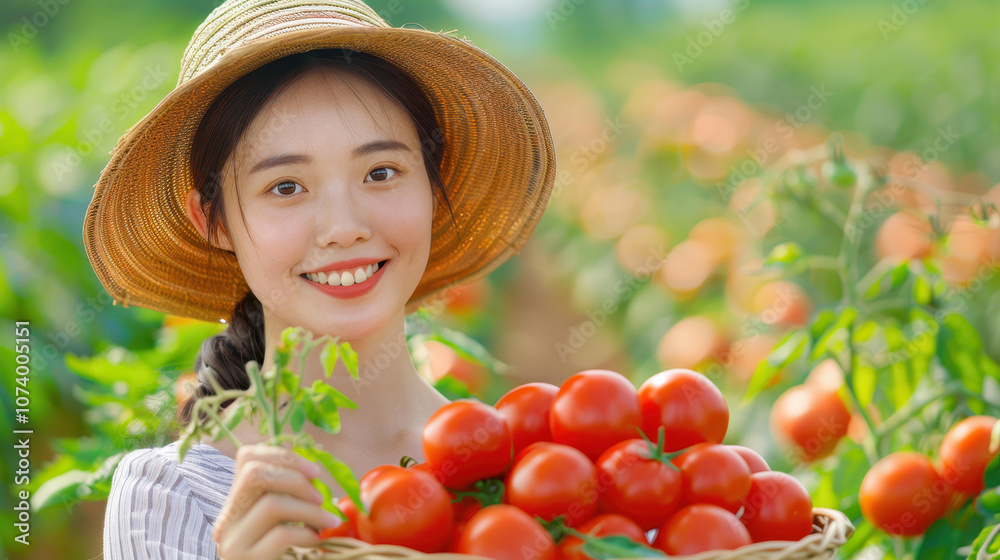 A young Asian woman skillfully tends to her tomato crop, showcasing dedication and passion for sustainable farming. A young Asian woman skillfully tends to her tomato crop, showcasing dedication and passion for sustainable farming.