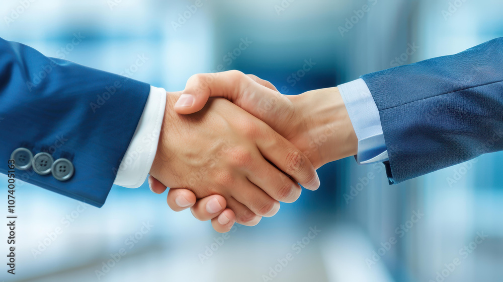A young businesswoman and a handsome businessman exchange a firm handshake in a bright, modern office setting. A young businesswoman and a handsome businessman exchange a firm handshake in a bright, modern office setting.