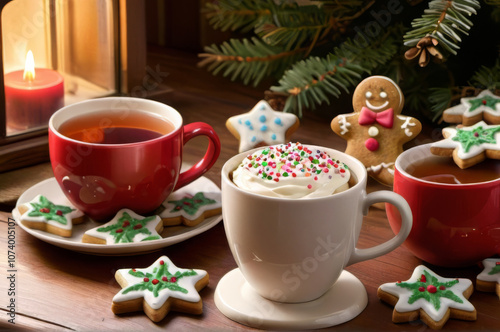 Cozy Christmas Tea with Gingerbread Cookies, Spices, and Holiday Decorations.