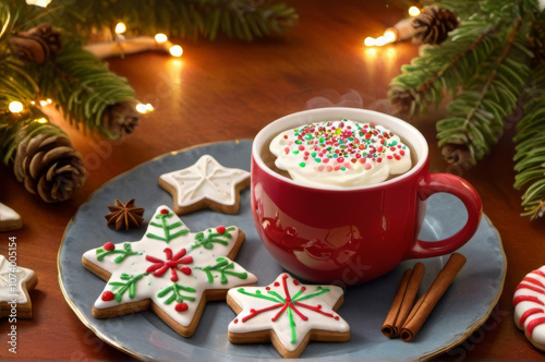 Cozy Christmas Tea with Gingerbread Cookies, Spices, and Holiday Decorations.