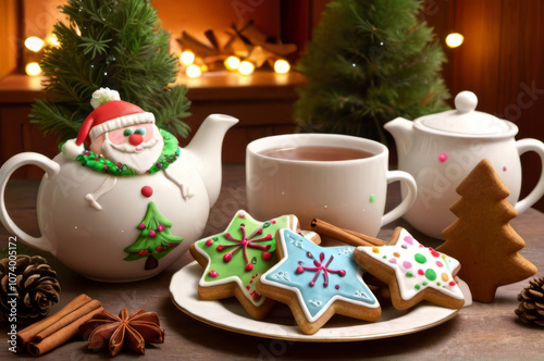 Cozy Christmas Tea with Gingerbread Cookies, Spices, and Holiday Decorations.