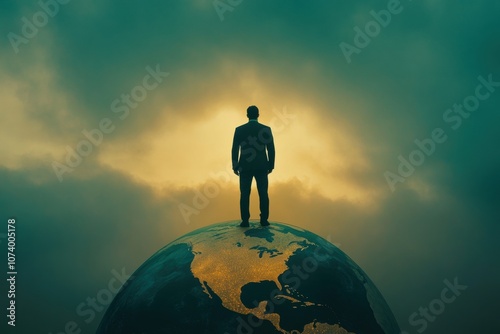 Businessman standing on glowing globe with north and south america,
