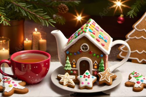 Cozy Christmas Tea with Gingerbread Cookies, Spices, and Holiday Decorations.