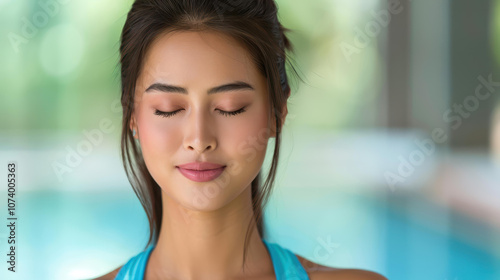 Free Download A fit woman showcases her dedication to health in stylish sportswear amidst a bustling gym environment. - GFXLoad