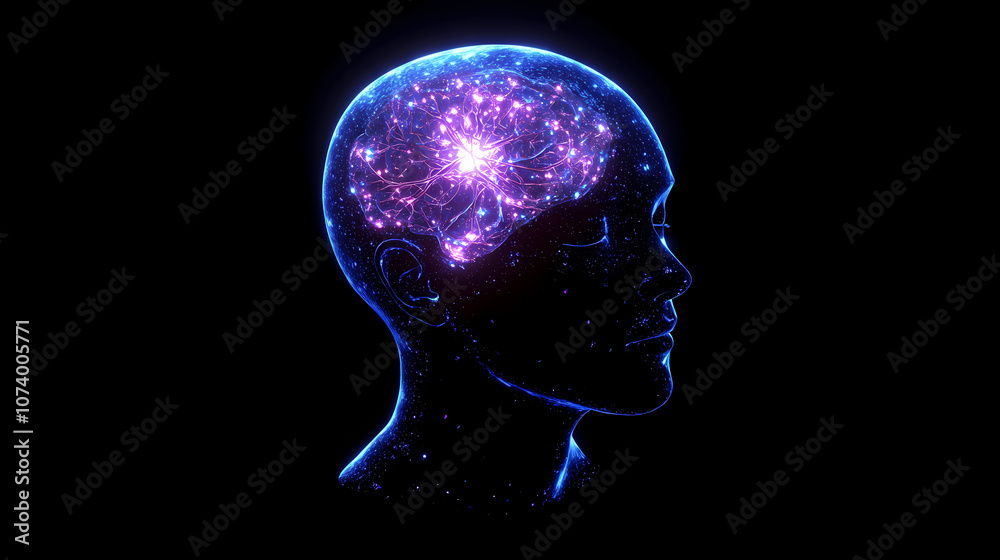 Human head with glowing neurons in brain. esoteric and meditation concept. connection with other worlds. Arcane. Illustration Human head with glowing neurons in brain. esoteric and meditation concept. connection with other worlds. Arcane. Illustration