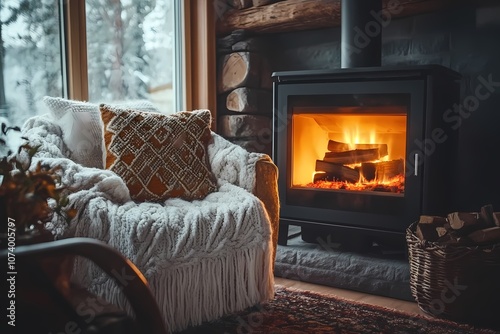 A cozy cabin interior with soft, fluffy blankets draped over an armchair beside the crackling fire of a modern wood stove, creating warmth and comfort in winter.