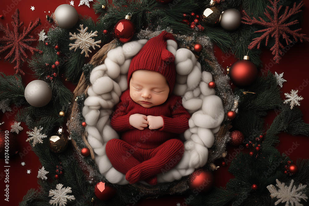 Adorable newborn in festive attire resting peacefully in a cozy holiday setting Adorable newborn in festive attire resting peacefully in a cozy holiday setting
