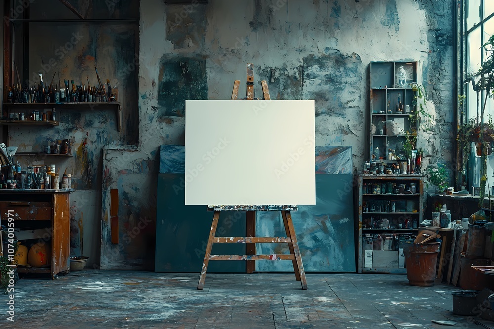 An art studio with a blank canvas on an easel in the center, in a painterly style An art studio with a blank canvas on an easel in the center, in a painterly style