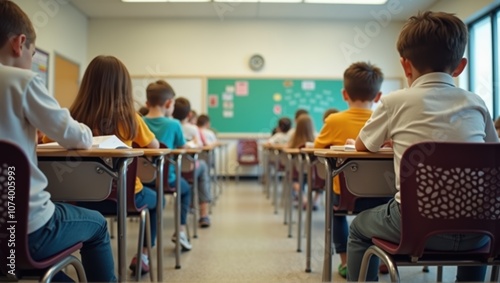 Classroom with children facing a teacher, colorful decor, educational environment, focus on learning and development. Generative, AI,