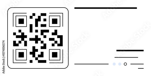 Simplistic QR code paired with horizontal lines and small circles to represent scanning and connectivity. Ideal for digital interactions, tech instructions, marketing, contactless payments