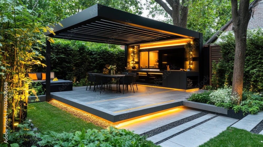 Modern patio with outdoor kitchen and pergola. Perfect for showcasing luxurious home design and outdoor living spaces. Modern patio with outdoor kitchen and pergola. Perfect for showcasing luxurious home design and outdoor living spaces.
