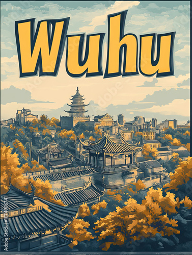Wuhu, China, retro french vintage art nouveau travel poster art. City name in text, bold art nouveau font. Background, banner, wallpaper