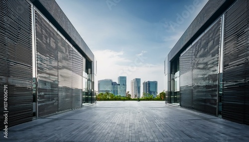 Modern city view through a passage