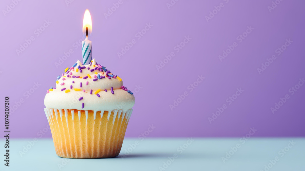 Delight in a vibrant birthday cupcake topped with a lit candle and sweet sprinkles, set against a bright gradient backdrop. Delight in a vibrant birthday cupcake topped with a lit candle and sweet sprinkles, set against a bright gradient backdrop.