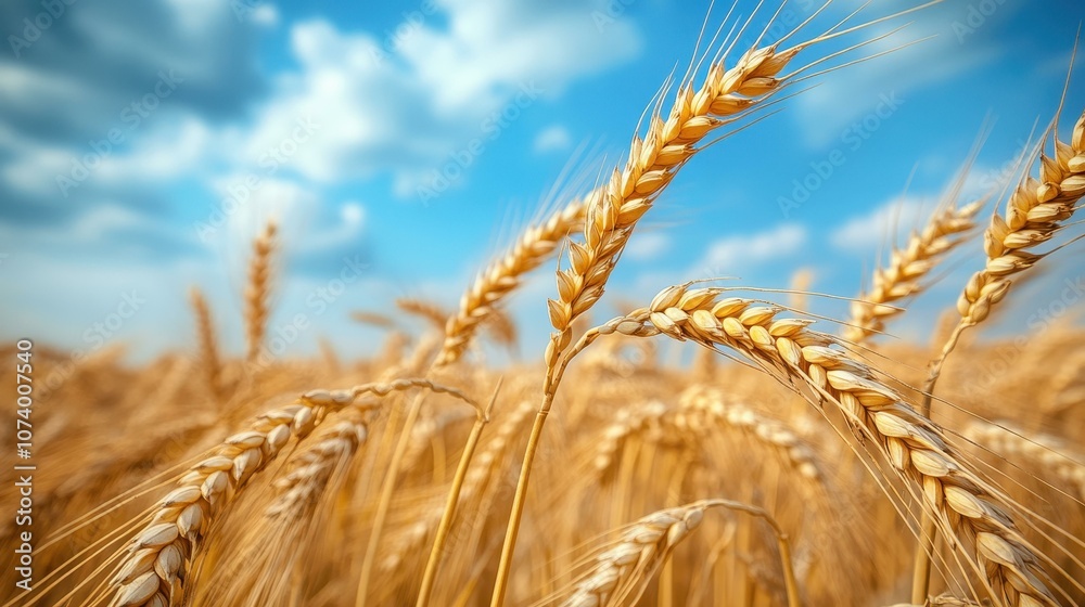 Golden wheat ears dance in the breeze under a bright blue sky, showcasing natures bounty in a picturesque summer scene.