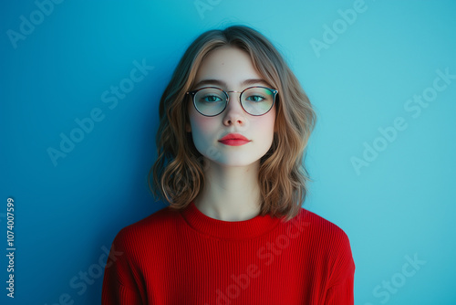 a young woman with glasses wear a red top on blue background