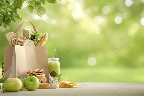 Picknick-Papiertüte gefüllt mit Snacks steht auf einem Tisch in der Natur - Natürliche Outdoor-Szene