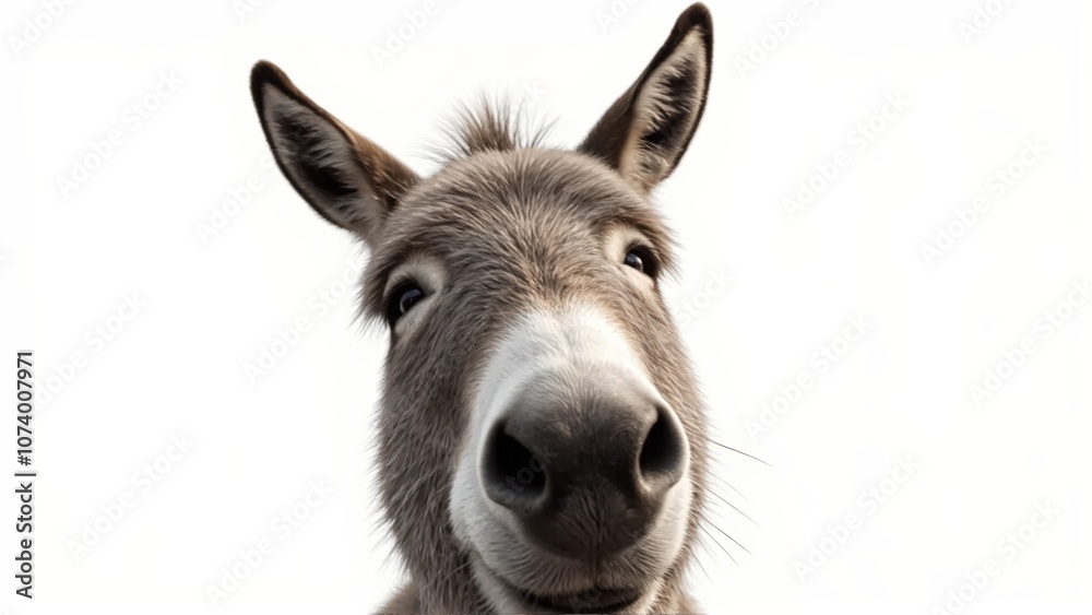 Generative AI, close-up of a gray donkey with soulful eyes against white background Generative AI, close-up of a gray donkey with soulful eyes against white background