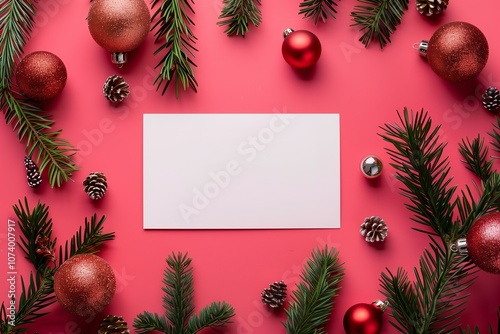 Blank mockup Christmas card with copy space for text on beautiful festive Christmas background with pine and fir branches. Elegant and stylish white holiday card mock-up template