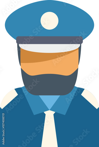 Security guard wearing blue uniform and hat with badge is standing in simple style isolated on white background