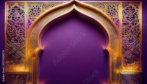 Intricate gold arch on purple wall