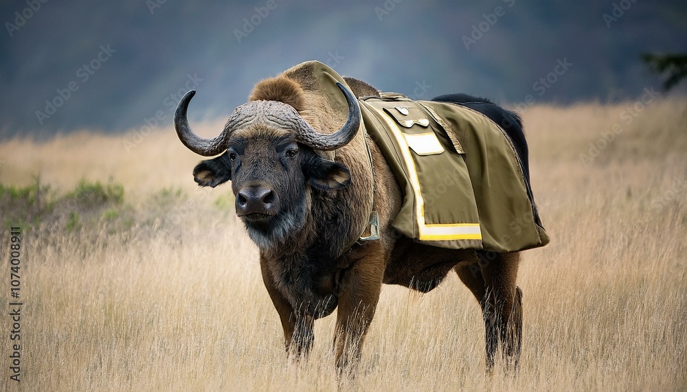 A large black buffalo stands in a field. A large black buffalo stands in a field.