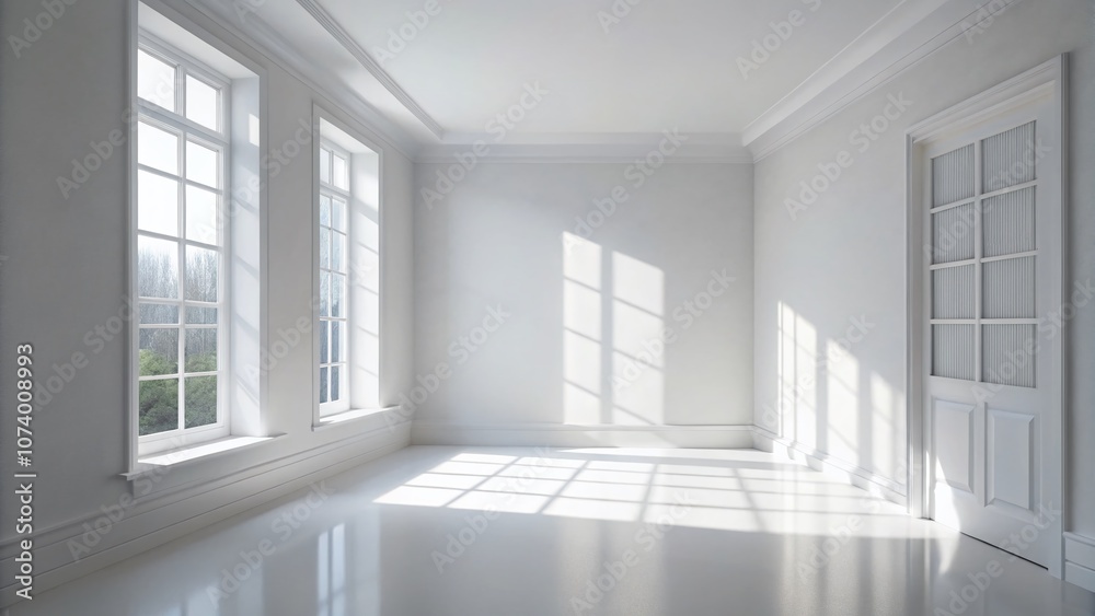 3D Rendering of a Minimalist White Room Interior with Window Shadows on the Wall, Perfect for Conceptual Photography and Modern Interior Design Inspiration 3D Rendering of a Minimalist White Room Interior with Window Shadows on the Wall, Perfect for Conceptual Photography and Modern Interior Design Inspiration