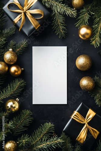 Luxurious beautiful vertical Christmas card background of elegant festive ornaments, decorations, and pine on holiday backdrop, holiday season elegance. Blank copy space for text
