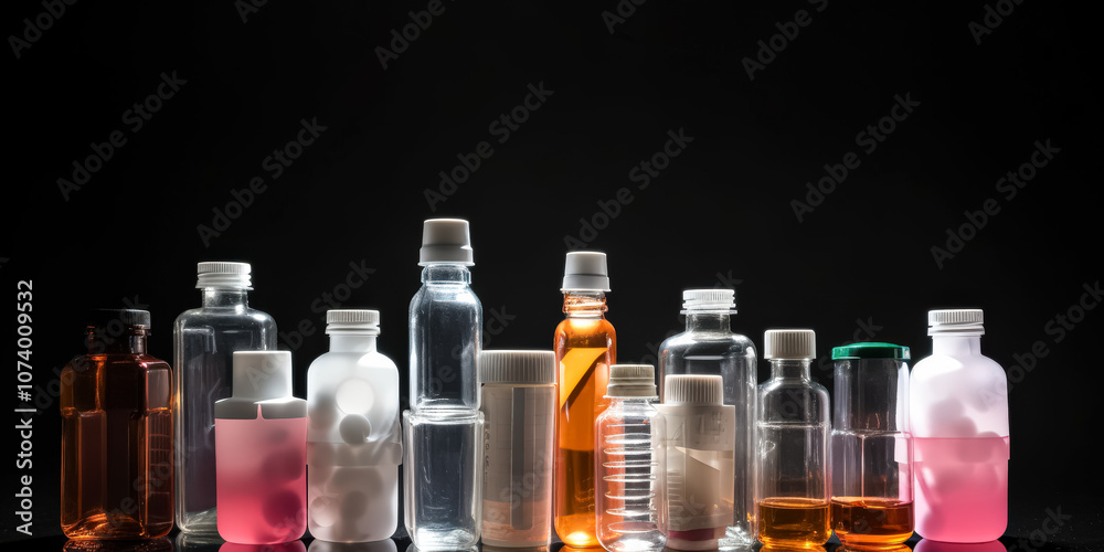 Collection of glass bottles and jars of various colors and shapes. Collection of glass bottles and jars of various colors and shapes.