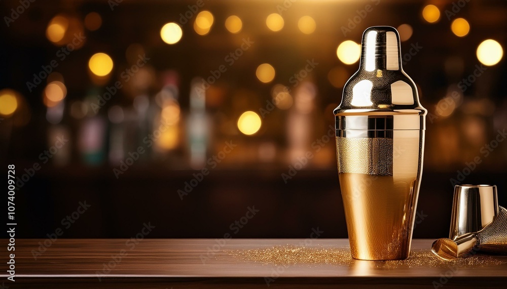 Golden cocktail shaker on bar Golden cocktail shaker on bar