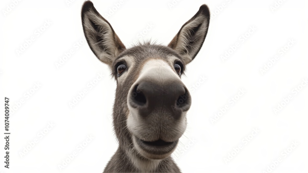 Generative AI, close-up of a gray donkey with soulful eyes against white background Generative AI, close-up of a gray donkey with soulful eyes against white background