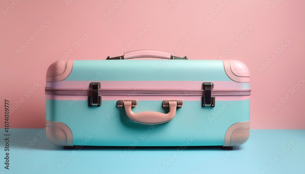 Classic suitcase, isolated on a soft blue and Pink Pastel