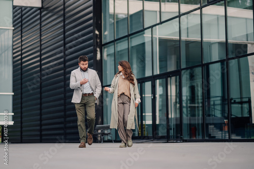 Business people having discussion walking outside office building