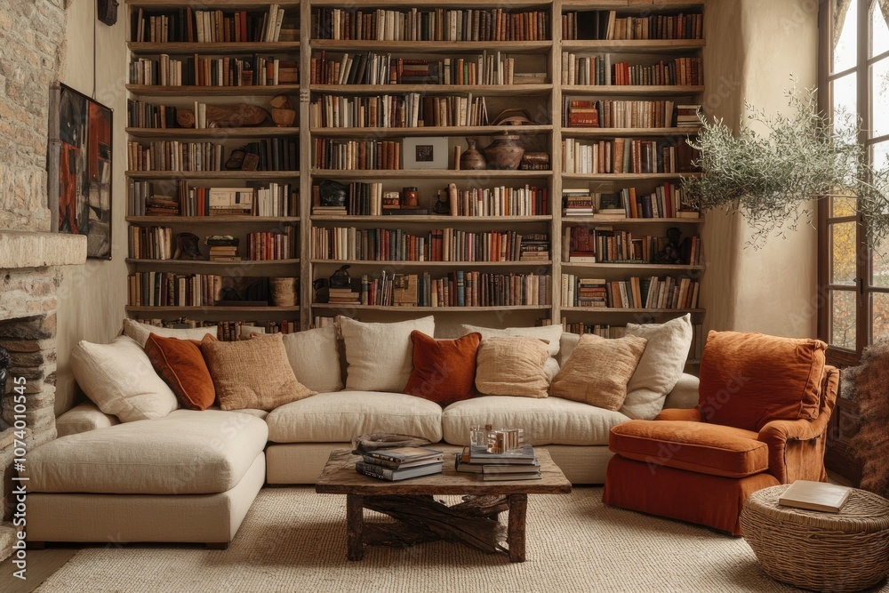 Cozy living room with a large sectional sofa and a bookshelf. The image showcases a comfortable and inviting space, perfect for relaxing and reading. Cozy living room with a large sectional sofa and a bookshelf. The image showcases a comfortable and inviting space, perfect for relaxing and reading.