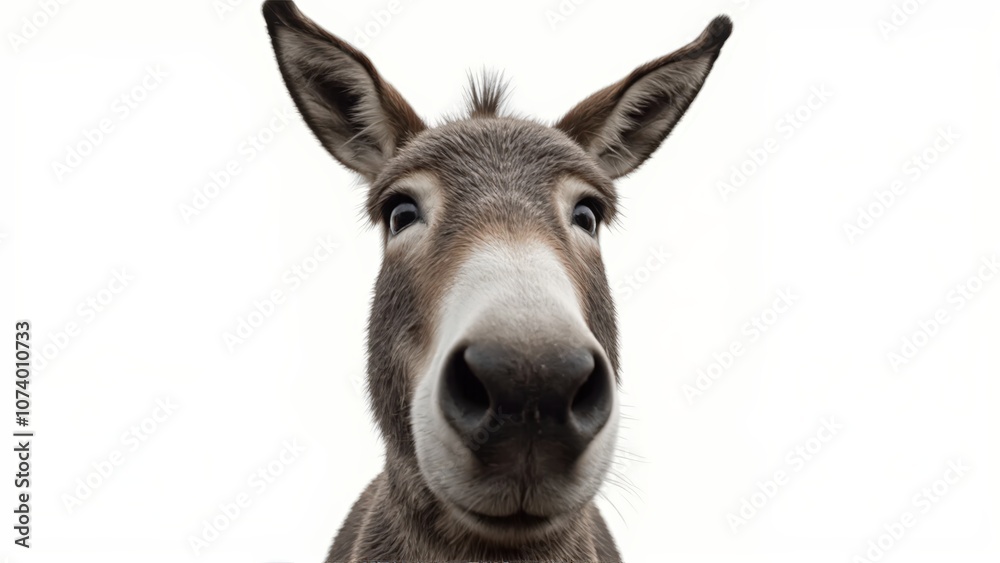 Generative AI, close-up of a gray donkey with soulful eyes against white background Generative AI, close-up of a gray donkey with soulful eyes against white background