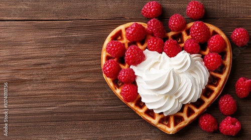 Charming heart waffle, creamy topping, red raspberries, rustic wooden backdrop