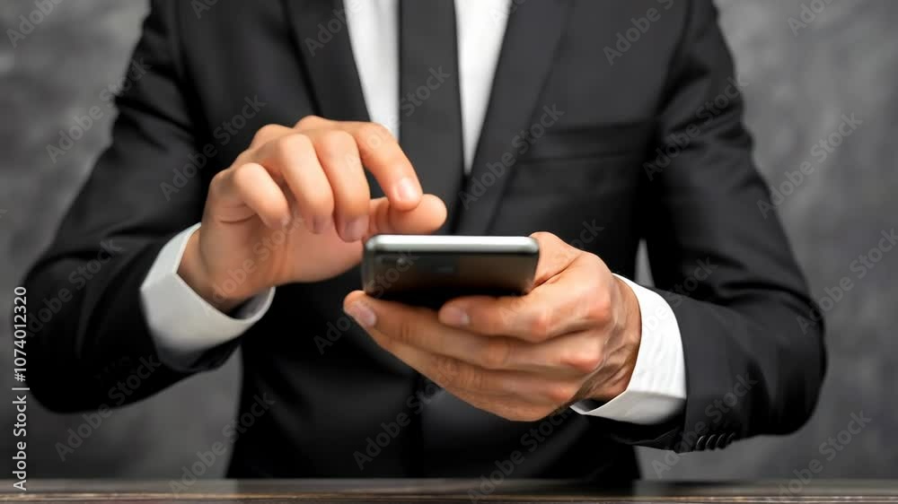Businessman in a suit using a mobile phone for social networking and work in a modern office setting. Businessman in a suit using a mobile phone for social networking and work in a modern office setting.