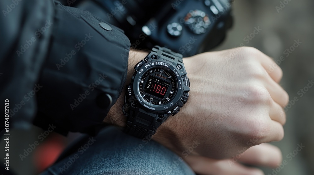 Close-up of a Man Wearing a Black Digital Watch Close-up of a Man Wearing a Black Digital Watch